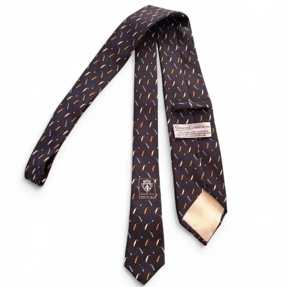 Vintage 80s Gucci 100% Silk Tie Brown Boot Print Italy Rare Old Money Office